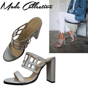 Mode Collective Lily White Grey Nappa Leather Caged Block Heeled Slip On Sandals